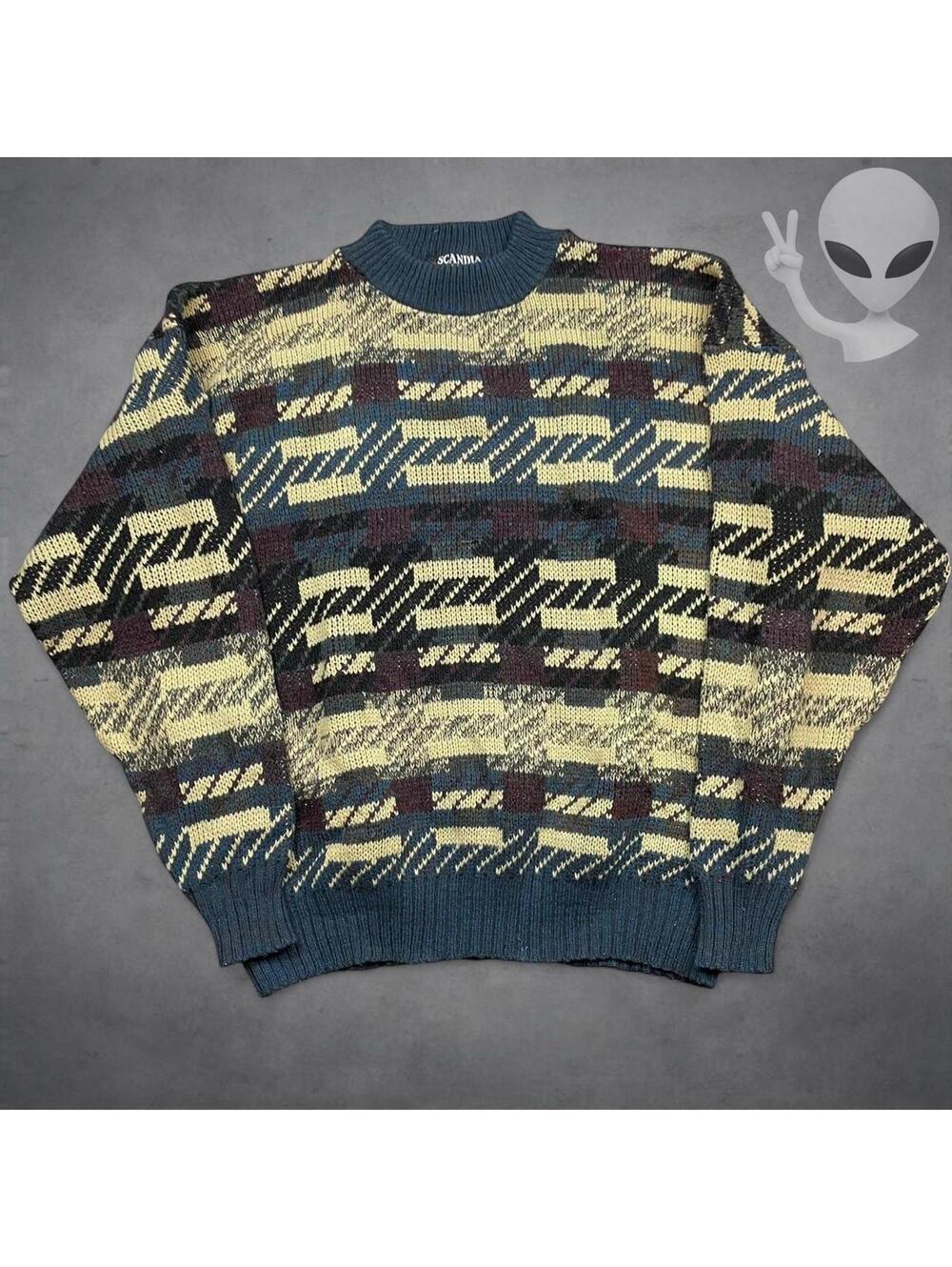 Vintage Scandia Sweater Large Geometric Abstract Knit Grandpa 80s 90s USA Made